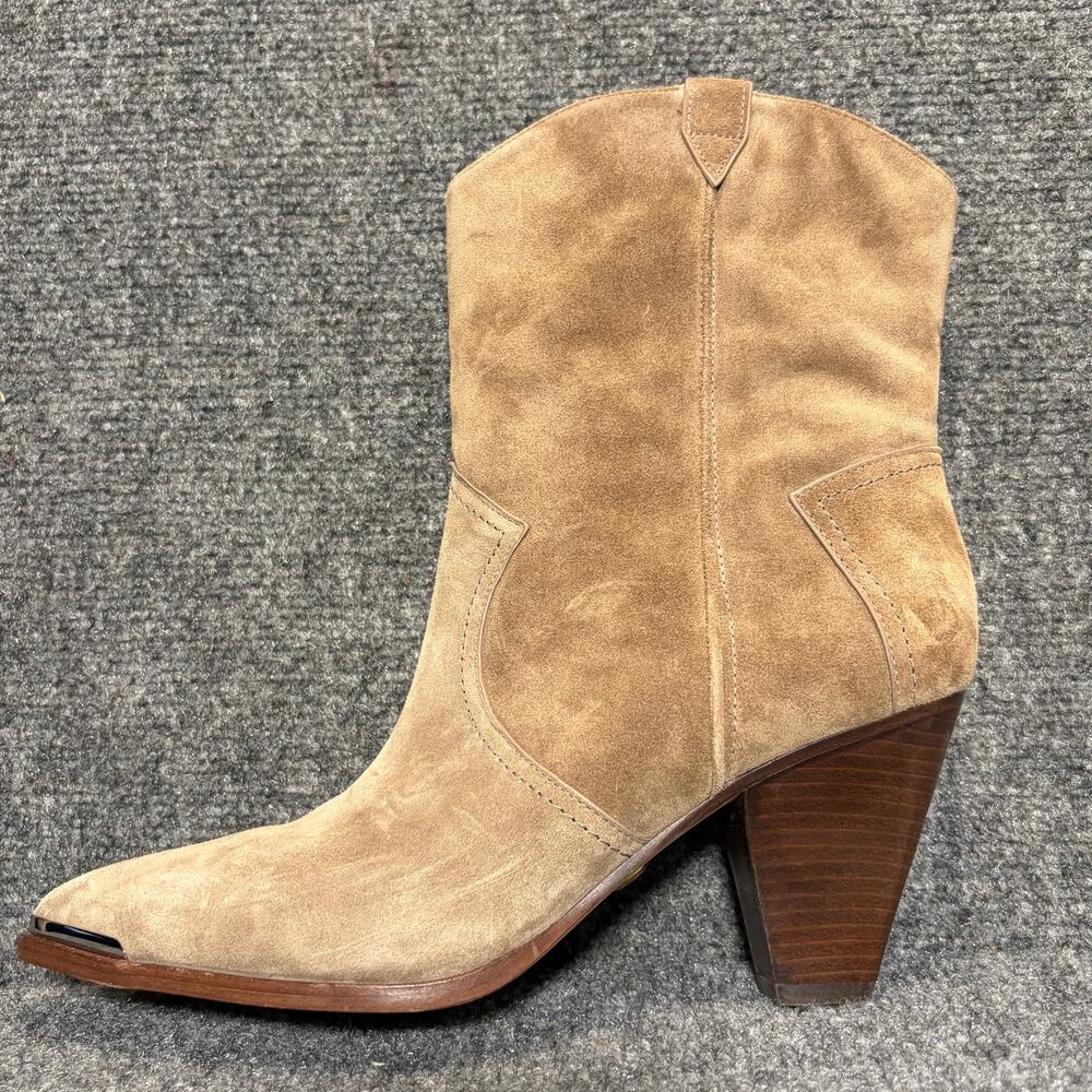Veronica Beard Cody Tan Suede Metal Tip Pointed Toe Western Ankle Bootie Women 9